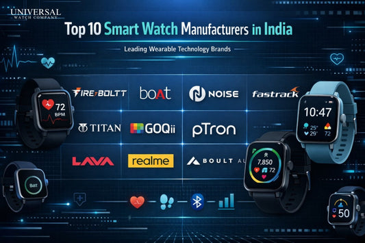 Top 10 smartwatch brands in India with logos and fitness-tracking smartwatches on a blue tech background.