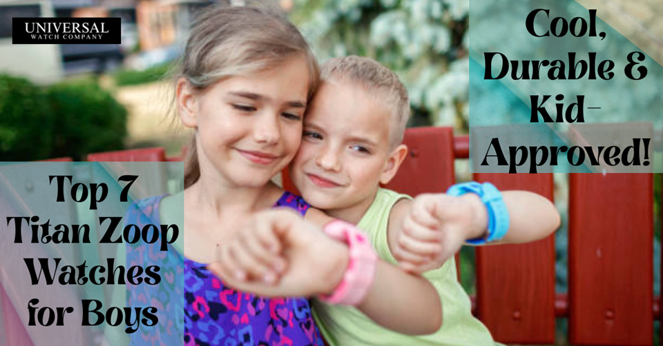 Smiling kids looking at their Titan Zoop watches while outdoors, showcasing excitement and style.