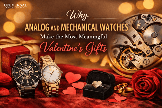 “Analog and mechanical watches displayed as a meaningful Valentine’s Day gift, symbolizing timeless love and commitment.”
