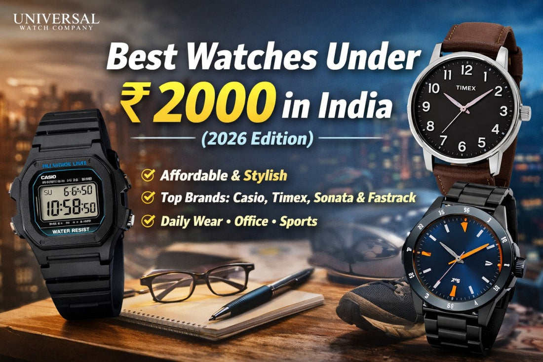 Best watches under ₹2000 in India 2026 featuring affordable and stylish men’s watches from Casio, Timex, Sonata, and Fastrack suitable for daily wear, office, and sports use