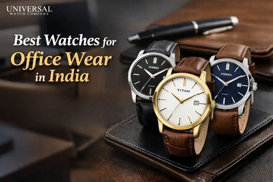 Best watches for office wear in India featuring elegant leather strap wristwatches placed on a work desk