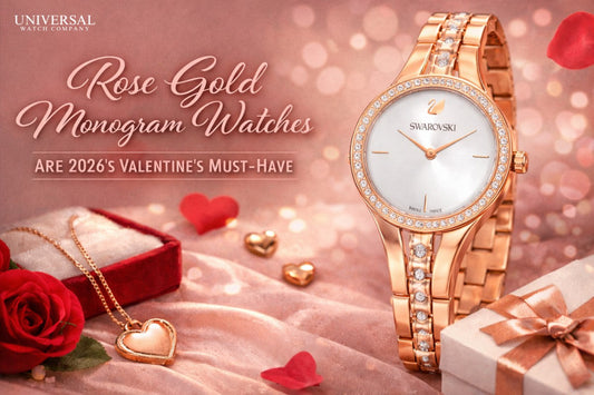 Rose gold Swarovski women’s watch with crystal bezel displayed in a Valentine’s Day banner, featuring soft pink bokeh background, heart jewelry, gift box, and space for brand logo in the top left corner.