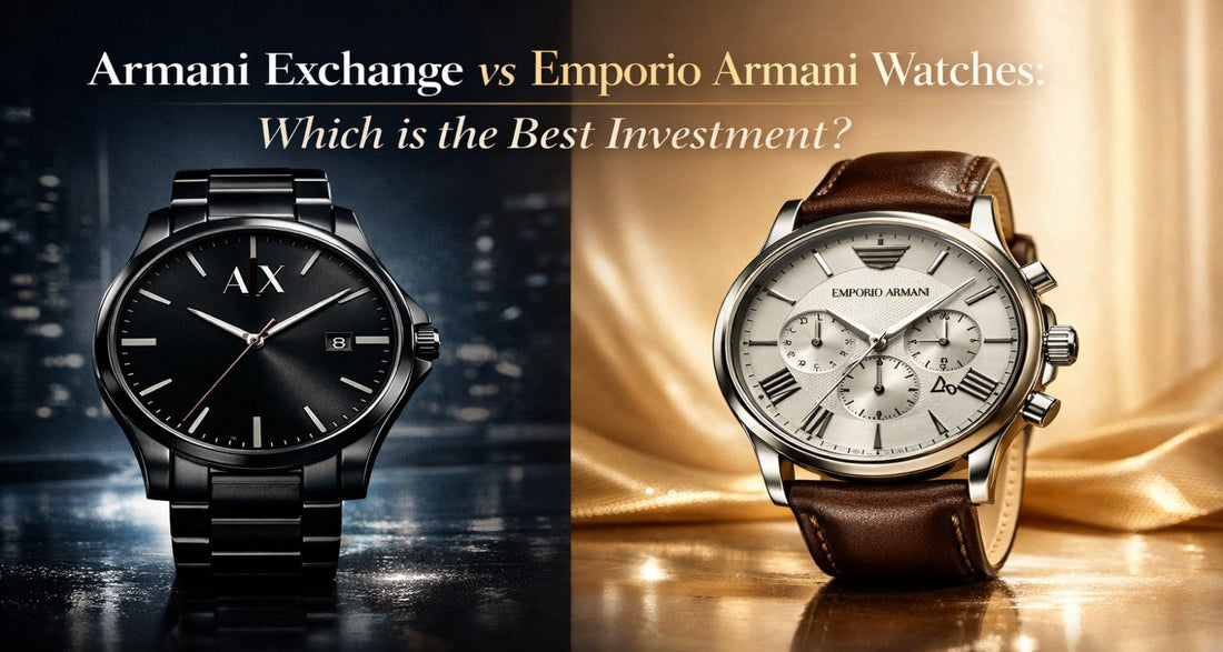 Split banner showing an Armani Exchange watch (black, modern) vs an Emporio Armani watch (classic, leather) with the headline about which is the best investment.