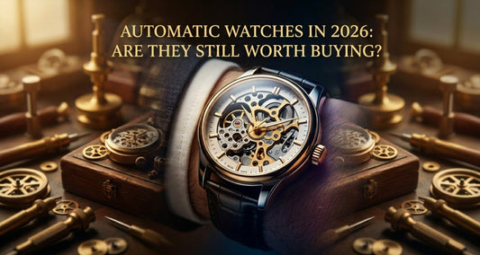 A luxury skeleton automatic watch on a wrist, centered below the gold headline "AUTOMATIC WATCHES IN 2026: ARE THEY STILL WORTH BUYING?" against a background of vintage watchmaking tools and warm, cinematic lighting.