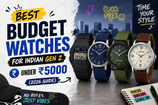 A collection of cool watches for Gen Z displayed in a banner that reads "BEST BUDGET WATCHES FOR INDIAN GEN Z UNDER RS. 5,000"