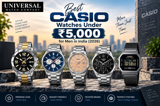 five casio watch is shown at marble