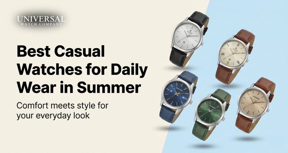 Blog banner for "Best Casual Watches for Daily Wear in Summer" featuring five watches with leather straps and text on a light background.