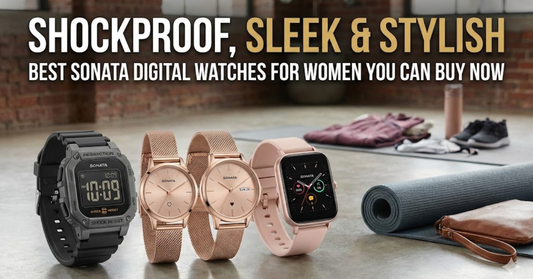Stylish Sonata digital watches for women displayed on a clean background, showcasing sleek digital dials, modern straps, and shockproof designs.