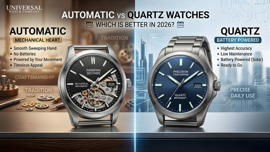 Universal Watch Company banner comparing a skeleton automatic watch in a traditional workshop with a modern blue quartz watch in a digital city, listing the core benefits of each movement side-by-side.