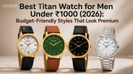 Banner showcasing four stylish Sonata watches for men under ₹1000, featuring black, green, white, and stainless steel designs with premium looks alongside the headline promoting affordable Titan watches for 2026.