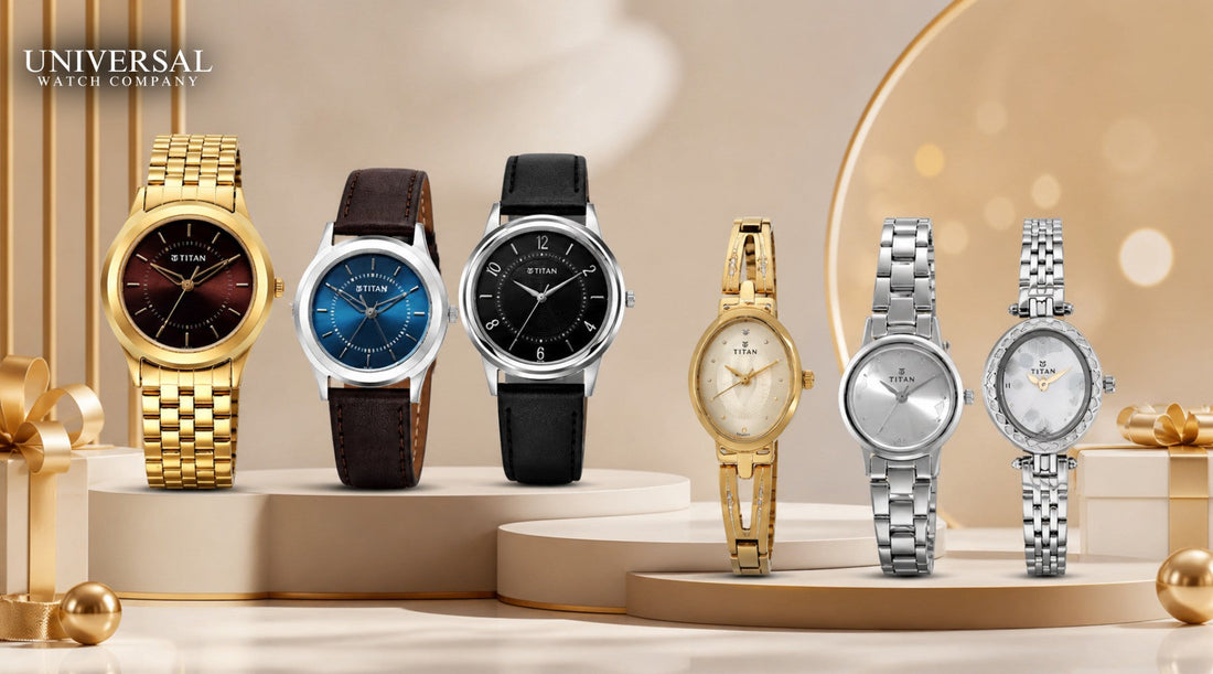 Elegant display banner featuring six premium Titan watches for men and women arranged on luxury podiums with festive gift elements, showcasing stylish gold, silver and leather strap designs in a sophisticated gifting theme.