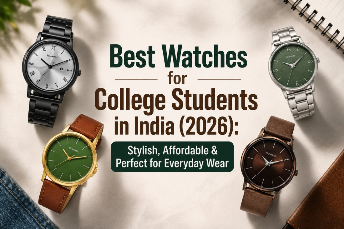 Stylish watch collection for college students in India 2026 featuring four affordable analog watches on a premium background, highlighting everyday fashion and practicality.