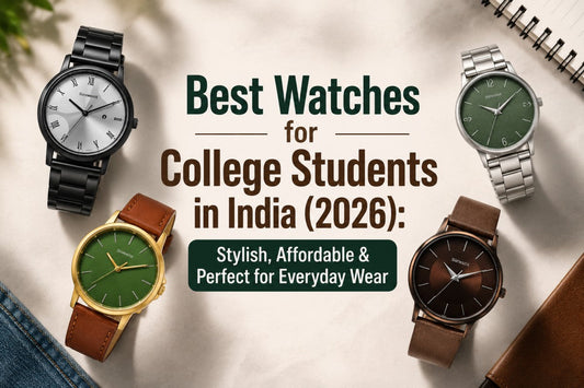 Stylish watch collection for college students in India 2026 featuring four affordable analog watches on a premium background, highlighting everyday fashion and practicality.