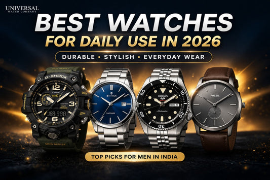 Best watches for daily use in 2026 featuring Casio G-Shock, Titan, Seiko, and Fossil watches with a premium dark background, highlighting durable, stylish, and everyday wear options for men in India.
