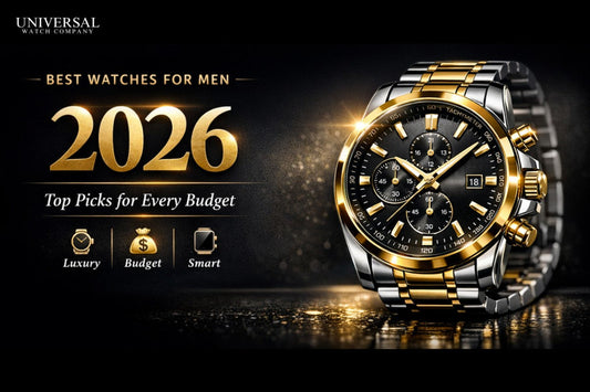 Luxury banner showcasing “Best Watches for Men 2026” with a gold and silver chronograph wristwatch on a dark premium background, featuring the tagline “Top Picks for Every Budget” and icons for luxury, budget, and smart watches.