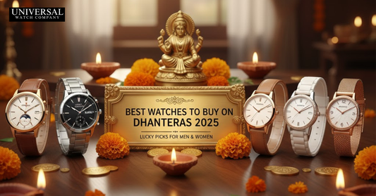 A collection of stylish men’s and women’s watches for Dhanteras 2025, including Titan, Casio, and gold-tone watches, perfect for gifting and auspicious festive purchases.