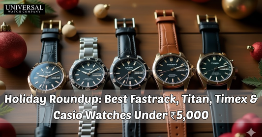 Top Fastrack, Titan, Timex, and Casio watches under ₹5,000 displayed together for holiday gifting guide in India