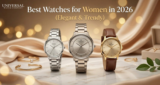 Premium blog banner featuring three elegant Titan women’s watches on marble with beige satin, golden bokeh lighting, and centered text reading "Best Watches for Women in 2026."