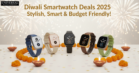 Bright Diwali background with smartwatches, diyas, and fireworks showing festive smartwatch offers up to 40% off from Universal Watch Company.