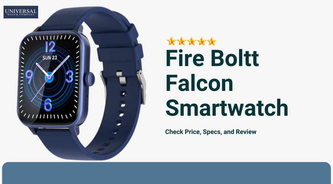 Fire Boltt Falcon Smartwatch with a sleek metal design, 1.3-inch HD display, silicone strap, and vibrant screen, showcasing health tracking features and smart notifications.