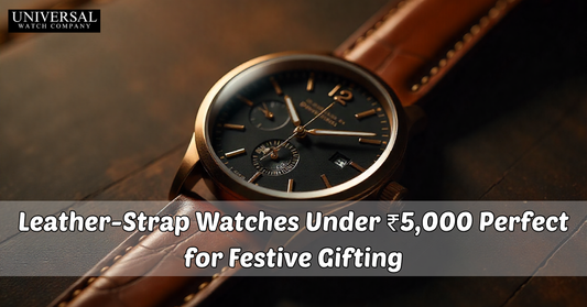 Elegant brown and black leather-strap watches under ₹5,000 displayed on wooden background – perfect festive gifting option