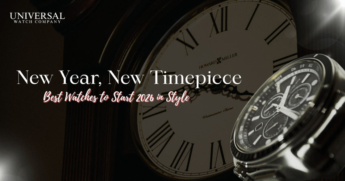 Black and gold luxury watch banner featuring a classic Roman numeral wall clock and a modern chronograph wristwatch, with text reading “New Year, New Timepiece – Best Watches to Start 2026 in Style” and Universal Watch Company branding.
