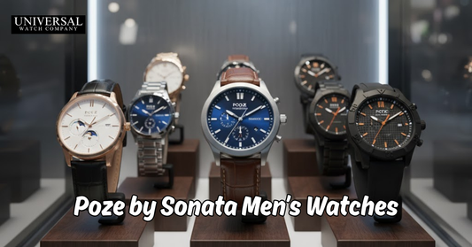 A stylish man wearing a Poze by Sonata men’s watch with a green dial and leather strap, symbolizing elegance, confidence, and modern men’s fashion trends