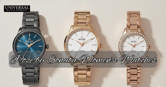 A woman wearing a Poze by Sonata Tiffany Blue Watch paired with a pastel outfit, showcasing a stylish, elegant, and lightweight everyday women’s timepiece.