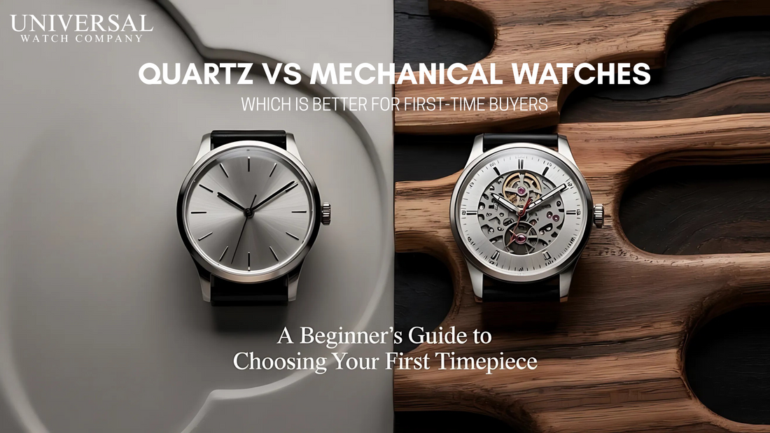 -by-side comparison of a quartz watch and a mechanical watch, showcasing modern and classic designs on split backgrounds for beginner watch buyers.