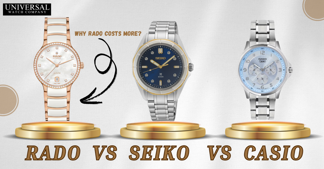 Rado vs Seiko vs Casio luxury and affordable watches comparison showing Swiss Rado alongside Japanese Seiko and Casio G-Shock