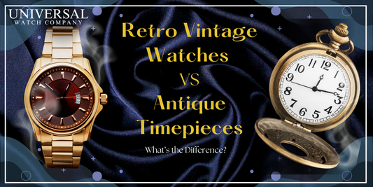 A comparison between a modern retro vintage wristwatch and an antique pocket watch, highlighting the differences between retro vintage watches and antique timepieces, presented by Universal Watch Company.