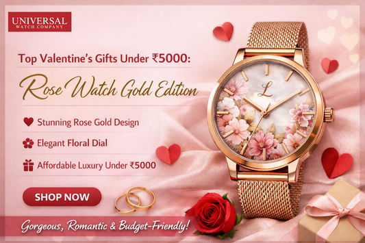 Valentine’s Day banner featuring a rose gold women’s watch with floral dial, promoted as a stylish Valentine gift under ₹5000, with soft pink background, romantic heart elements, and empty top-left space reserved for brand logo.
