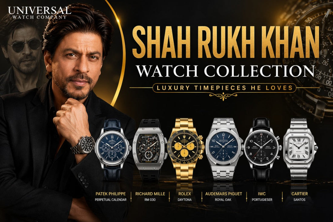 “Shah Rukh Khan watch collection banner with luxury watches and black-gold design.”