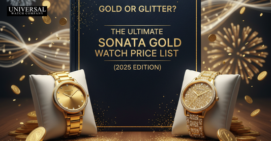 Elegant Sonata gold watches collection 2025 – featuring men’s, women’s, and couple gold-plated and rose gold models displayed on a marble surface.