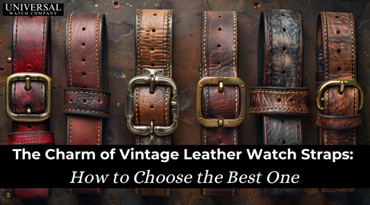 Vintage leather watch straps in brown, black, and tan beside classic wristwatches.