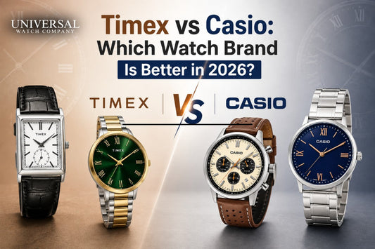 Comparison banner featuring four premium wristwatches from Timex and Casio with elegant metallic designs, leather and steel straps, split-tone background, bold “Timex vs Casio” headline, and modern luxury style for a 2026 watch brand comparison.