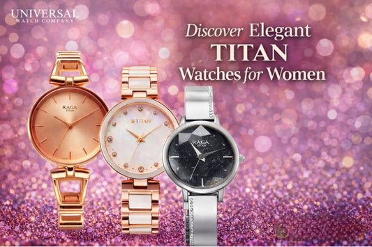 "Elegant Titan Raga watches for women with rose gold and silver designs on a sparkling pink background"