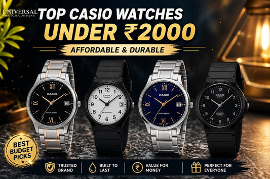 A promotional banner showcasing four affordable Casio watches in silver and black, featuring analog dials and metal or resin straps against a dark, elegant background.