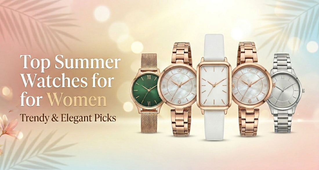 Luxury 1500x800 banner for "Top Summer Watches for Women" showing five elegant watches on a sun-drenched pink and gold bokeh background with palm shadows.