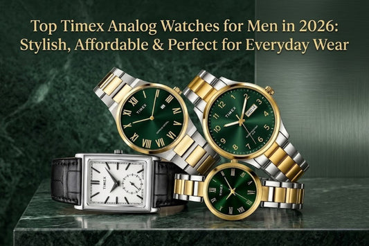 Four Timex analog watches—three with green dials and one rectangular with a white dial—arranged on green marble below the headline "Top Timex Analog Watches for Men in 2026".