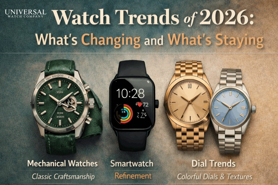 2026 watch trends image showing classic mechanical watches, a sleek smartwatch, and stylish analog watches with colorful dials, highlighting how traditional craftsmanship and modern technology come together