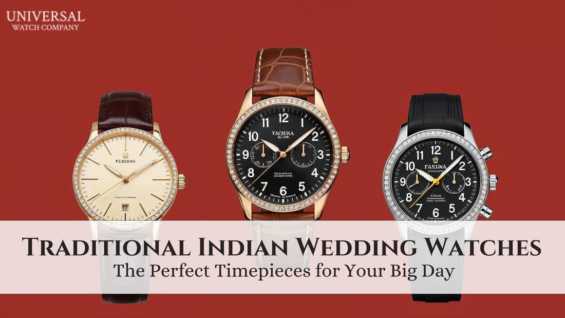 Three elegant traditional men's watches suitable for Indian weddings, showcasing classic designs with gold and silver finishes, leather straps, and detailed dials, branded as Universal Watch Company perfect choices for grooms on their big day.