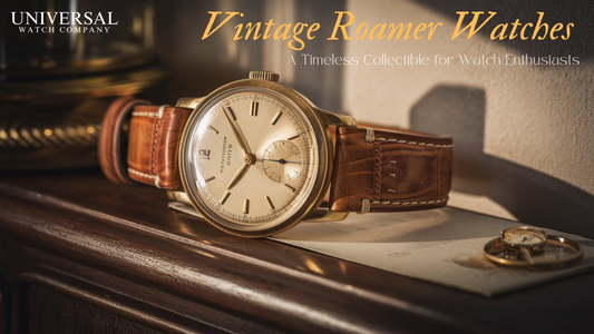 Elegant Vintage Roamer Watch with a brown leather strap, displayed on a wooden surface, capturing its timeless appeal and craftsmanship.