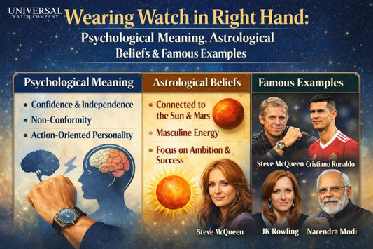 Infographic about wearing a watch on the right hand, showing psychological meaning, astrological beliefs, and famous examples.
