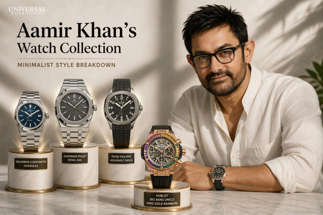 Elegant banner showing a stylish man in glasses beside luxury watches on display stands, featuring minimalist tones and premium watch collection presentation.