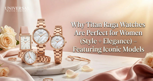 Elegant banner showcasing Titan Raga women’s watches with rose gold designs, floral accents, and the heading “Why Titan Raga Watches Are Perfect for Women (Style + Elegance) – Featuring Iconic Models.