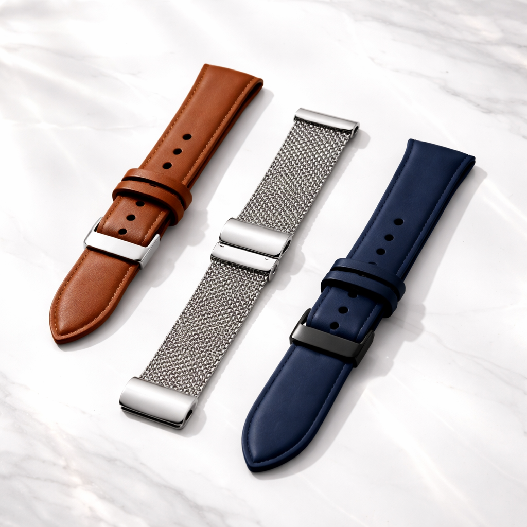 Three watch straps—brown leather, silver mesh, and navy blue—on a glossy white marble background.