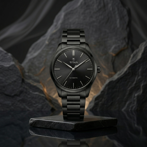 A black Titan Automatic watch on a stone pedestal against a dark, rugged rock background with subtle gold lighting and a reflective surface.