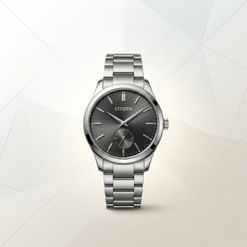 A minimalist Citizen wristwatch with a charcoal grey dial and silver metallic strap, centered against a soft, geometric pastel background.