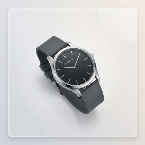 A high-angle, studio shot of a slim Fastrack watch with a black dial and charcoal grey strap, centered on a clean white background with subtle geometric accents.